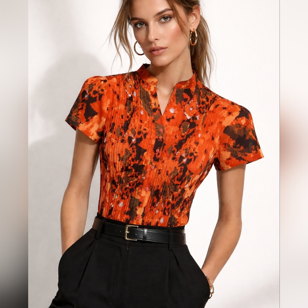 LINDOR Women's Vibrant Orange Floral Short Sleeve Top ( Like NEW)